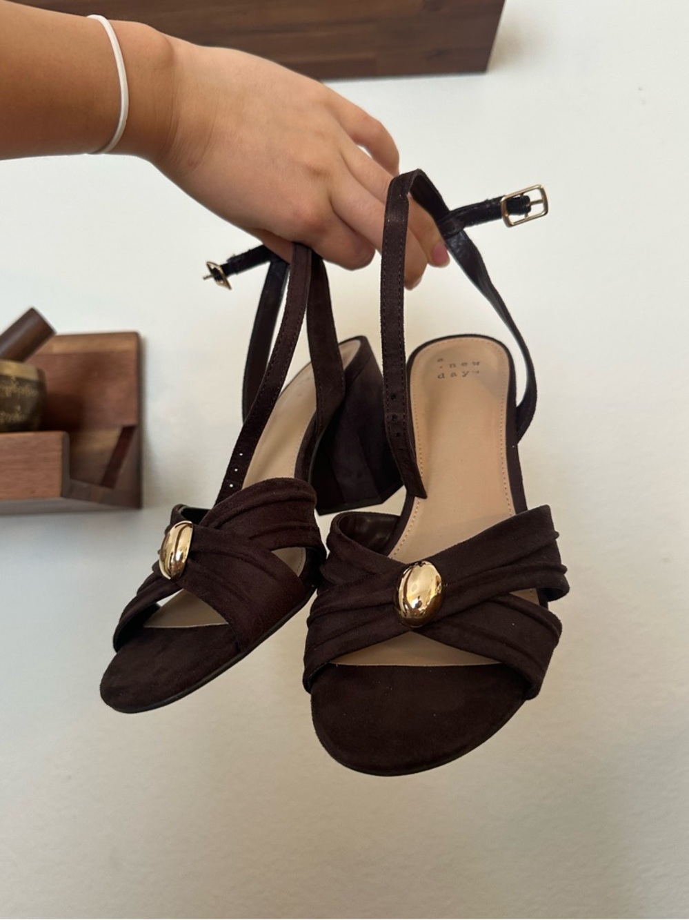 Women’s Dark Brown Ankle-Strap Heel Sandals with Gold Accent